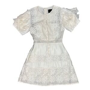 Maven Anthropologie Ivory Floral Lace Ruffle Mesh Mini Dress‎ Cream Small